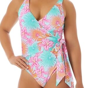 Girls Floral Tie-Waist One-Piece Swimsuit - Pink & Aqua